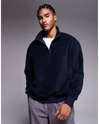 ASOS - Sudadera Azul Marino Extragrande Con Cuello Alzado Y Cremallera Corta De Felpa De - Lyst