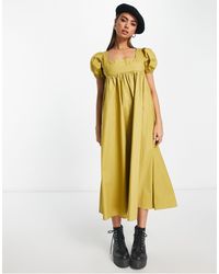 Glamorous - Square Neck Puff Sleeve Midi Smock Dress - Lyst