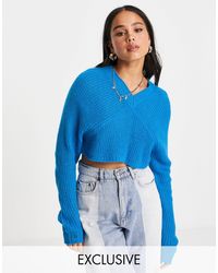 Collusion V Neck Cropped Knitted Jumper - Blue