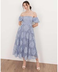 Maya - Bardot Puff Short Sleeve Lace Midi Dress - Lyst