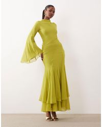 ASOS - Long Sleeve High Neck Maxi Dress With Ruffle Godets And Flute Sleeves - Lyst