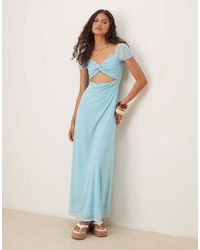 ASOS - Textured Mesh Twist Front Puff Sleeve Midi Dress - Lyst