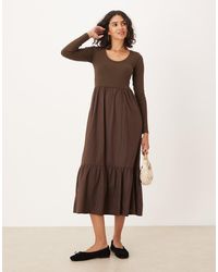 Threadbare - Long Sleeve Scoop Neck Midi Dress With Poplin Skirt - Lyst