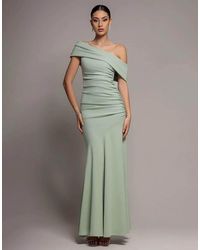Goddiva - Pleated One Shoulder Bardot Fit And Flare Maxi Dress - Lyst