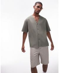 TOPMAN - Short Sleeve Collarless Plisse Shirt - Lyst