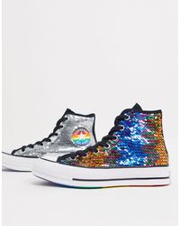 converse pride chuck taylor hi all star white and rainbow lightning bolt trainers