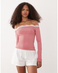ASOS - Off Shoulder Long Sleeve With Lace Trim Top - Lyst