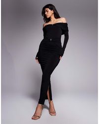 Ruched & Ready - Sculpted Off Shoulder Hardware Detail Ruched Bodycon Maxi Dress - Lyst