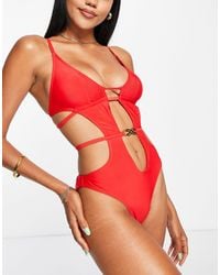ASOS - Cut Out Plunge Swimsuit With Trim Detail - Lyst