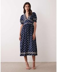Nobody's Child - Saffy Puff Sleeve Lace Detailing Button Up Midi Dress - Lyst