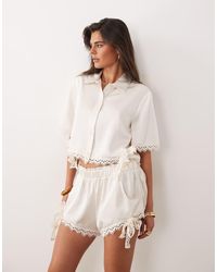 Noughts & Kisses - Satin Lace Trim Cropped Shirt - Lyst