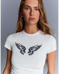 Bershka - T-Shirt A Maniche Corte Bianca Con Stampa E Borchie - Lyst