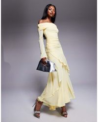 ASOS - Vestido Largo De Manga Larga Con Escote Bardot Y Volante En El Bajo De Chifón Elástico De - Lyst