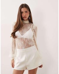 Noughts & Kisses - Lace High Neck Puff Sleeve Blouse Co-ord - Lyst