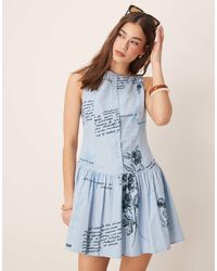 ASOS - Vestido Corto Azul Abotonado Con Estampado Floral, Cintura Baja Y Cuello Barco De - Lyst