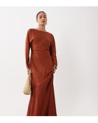 TFNC London - Satin Bias Round Neck Long Sleeve Chiffon Skirt Detail Maxi Dress - Lyst