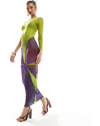 FARAI LONDON - Nyx - robe moulante longue asymétrique en tulle - violet et citron vert à fleurs - Lyst