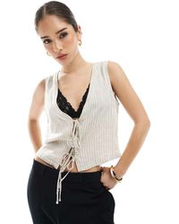 JJXX - Top Color Crema A Rayas Estilo Chaleco Con Lazadas De Mezcla De Lino De -Blanco - Lyst