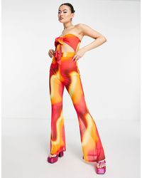 ASOS - – trägerloser jumpsuit aus netzstoff mit farbverlaufsprint, bindedetail vorne und zierausschnitt - Lyst