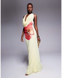 ASOS - Plunge Halter Maxi Dress With Yellow And Pink Floral Placement Print - Lyst