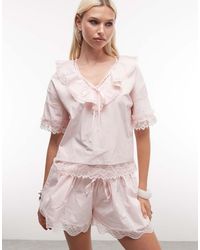 Daisy Street - Boxy Blouse With Tie Collar And Lace Edging - Lyst