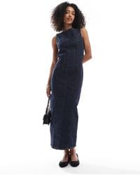 ASOS - Cinched Waist Denim Maxi Dress With Front Slit - Lyst