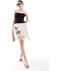 4th & Reckless - Linen Blend Palm Embroidery Wrap Tie Side Fringed Mini Skirt - Lyst