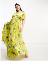 ASOS - Asos design curve - exclusivité - robe longue plissée en satin à fleurs avec manches kimono et lien à la taille - jaune - Lyst