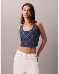 Calvin Klein - Laser Cut Repeat Logo Denim Bralette Top - Lyst