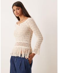 ASOS - Crochet Look Off Shoulder Jumper With Fringe Hem - Lyst
