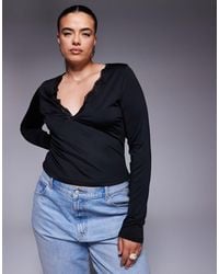 ASOS - Asos Design Curve Slinky Long Sleeve Deep V Neck Top With Lace - Lyst