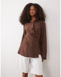 Mango - Linen Mix Long Sleeve Shirt With Side Tie - Lyst