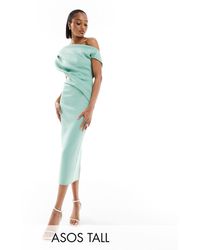 ASOS - Asos design tall - robe fourreau mi-longue en néoprène à épaules dénudées et taille plissée - sauge - Lyst