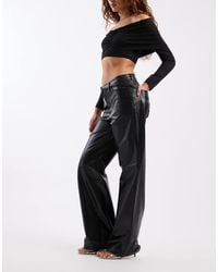 ONLY - High Waist Wide Leg Faux Leather Trousers With Woven Details - Lyst