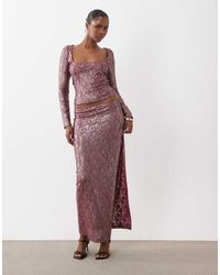 ASOS - Co-ord Foiled Lace High Split Midi Pencil Skirt - Lyst