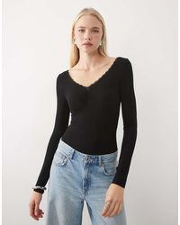 Miss Selfridge - Ruched V Neck Bodysuit With Lace Trim - Lyst