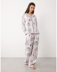 DKNY - Long Sleeve Notch Top And Pant Pyjama Set - Lyst