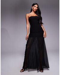Fashionkilla - Exclusive Double Sculpted Slinky Bandeau Flower Applique Sheer Hem Maxi Dress - Lyst