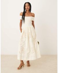 Mango - Bardot Knitted Bodice A-line Maxi Dress With Cut Out Detailing - Lyst