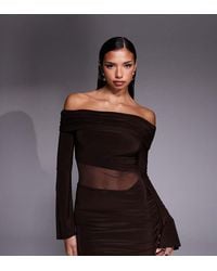 Kaiia - Exclusive Slinky Bardot Flare Sleeve Mesh Insert Mini Dress - Lyst