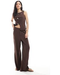 ASOS - Pantalones Marrones De Pernera Ancha Con Detalle De Ribete De Mezcla De Lino De (Parte De Un Conjunto)-Marrón - Lyst