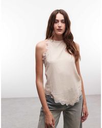 River Island - Lace Trim Halterneck Textured Top - Lyst