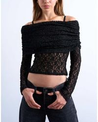 TOPSHOP - Lace Deep Fold Bardot Long Sleeve Top - Lyst