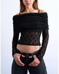 TOPSHOP - Top Van Kant Met Bardot Halslijn Met Omslag En Lange Mouwen - Lyst