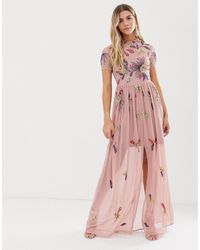 Frock and Frill Vestito lungo rosa crepuscolare con decori floreali
