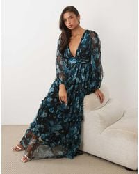 LACE & BEADS - Tulle Sheer Balloon Sleeve Plunge Neck Tiered Maxi Dress - Lyst