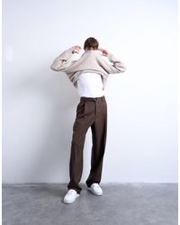 TOPMAN - Pantalon large élégant ceinturé en sergé - chocolat - Lyst