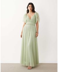 LACE & BEADS - Bridesmaid Tulle Flutter Sleeve Shirred Waist Maxi Dress - Lyst
