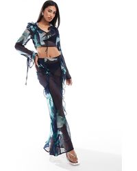 ASOS - Jupe d'ensemble longue en mousseline avec imprimé fleuri abstrait - bleu - Lyst