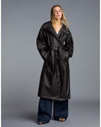 Bershka - Long Leather Effect Belt Trench Coat - Lyst